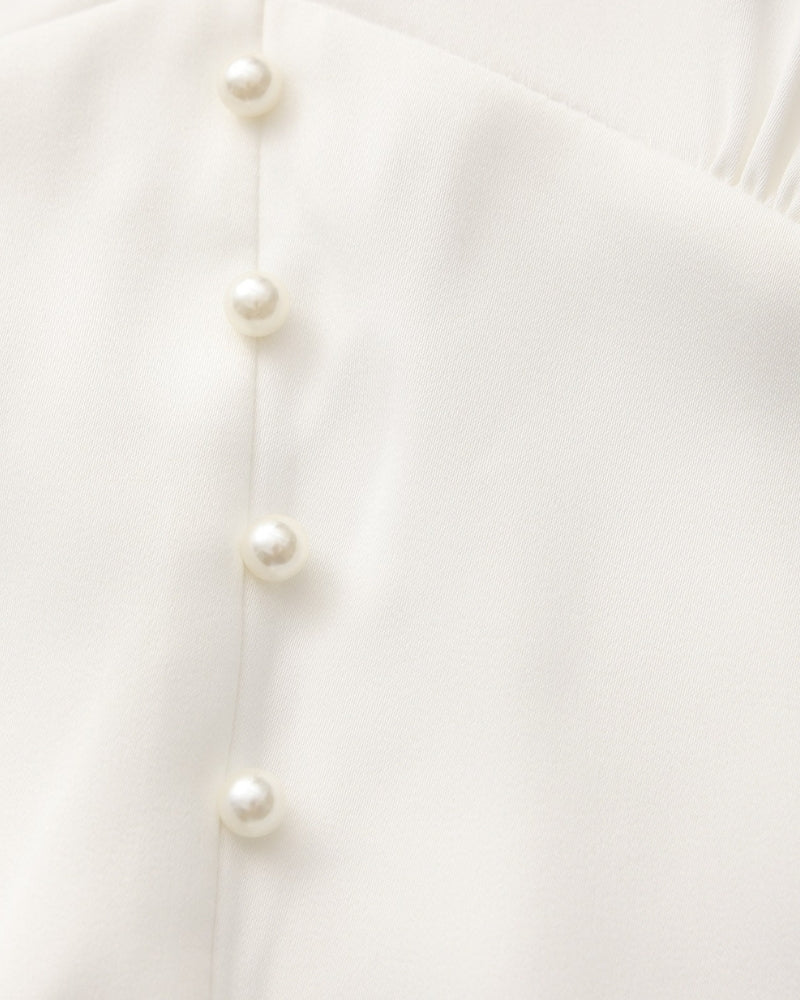 Pearl Button Ruffle Midi Dress - Old Money