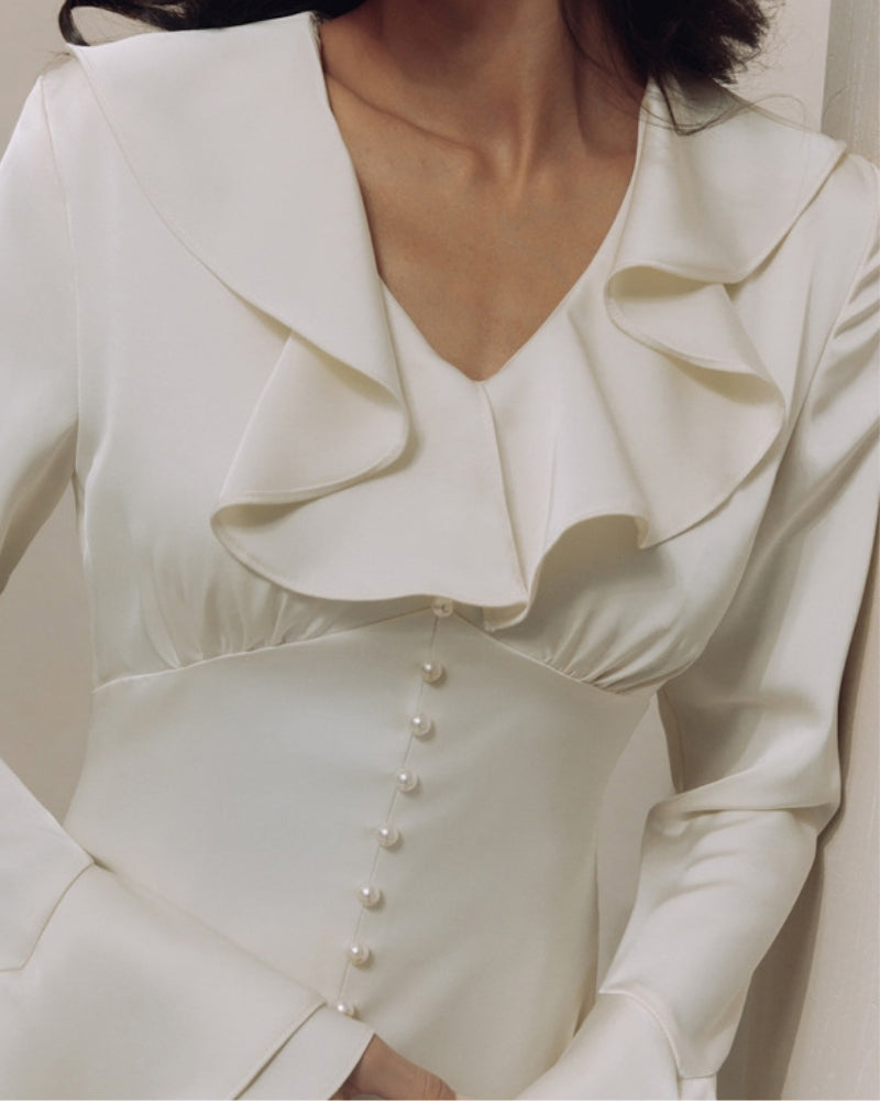 Pearl Button Ruffle Midi Dress - Old Money