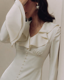 Pearl Button Ruffle Midi Dress - Old Money