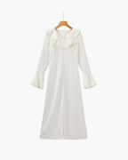 Pearl Button Ruffle Midi Dress - Old Money