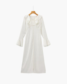 Pearl Button Ruffle Midi Dress - Old Money