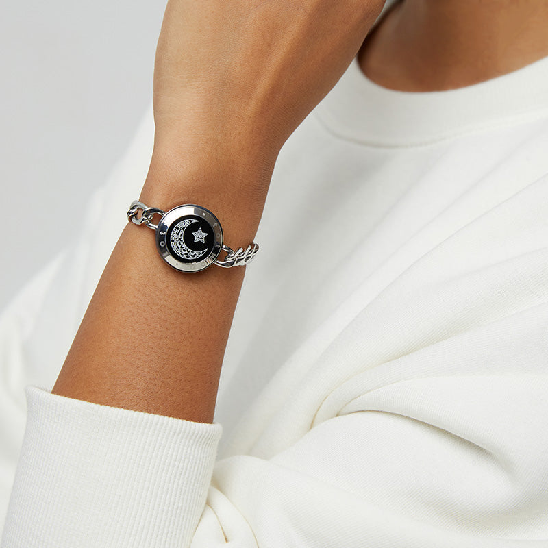 Sun & Moon Touch Bracelets with Figaro Chain (Black+Silver)