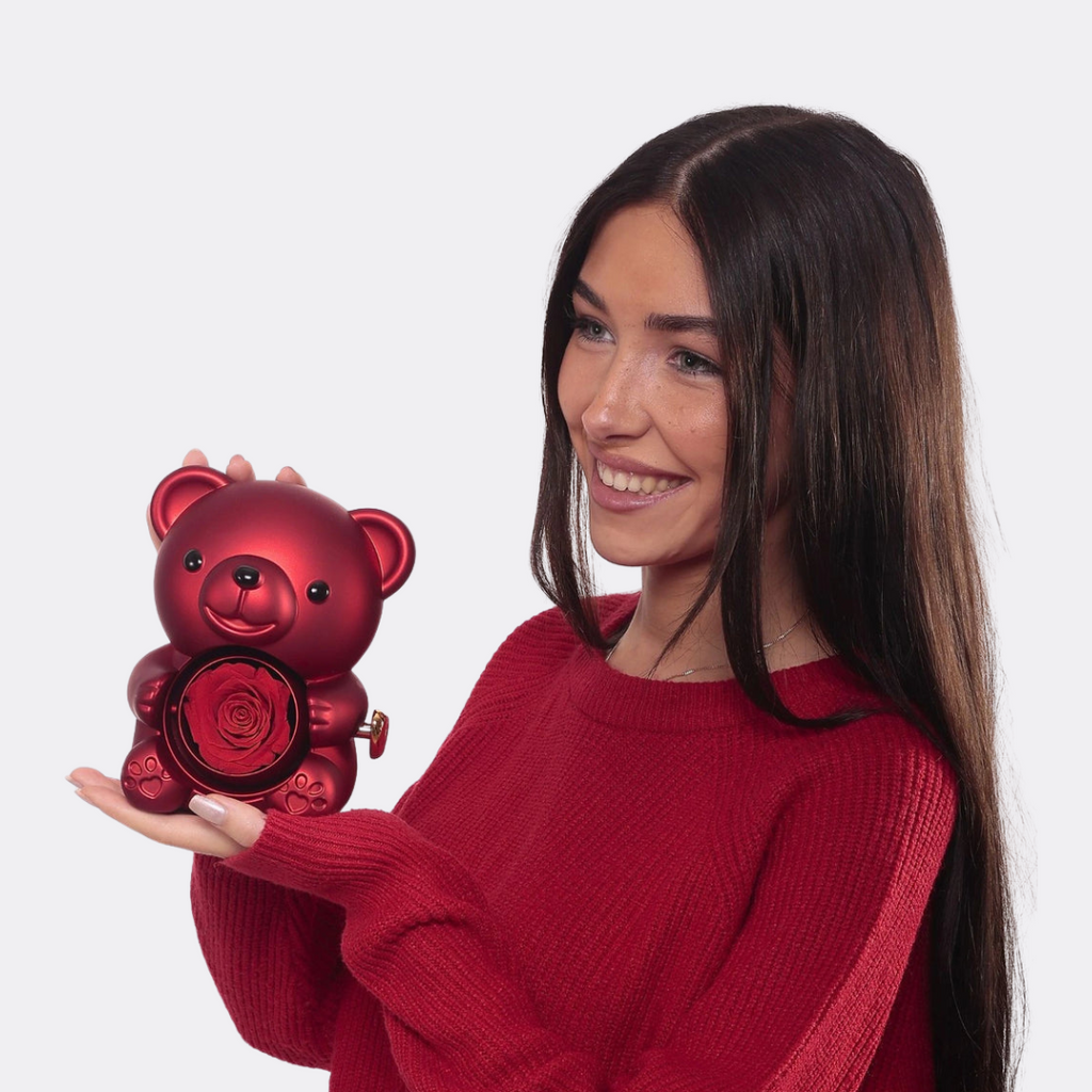 Teddy Bear Gift Set with Engraved Necklace & Eternal Rose