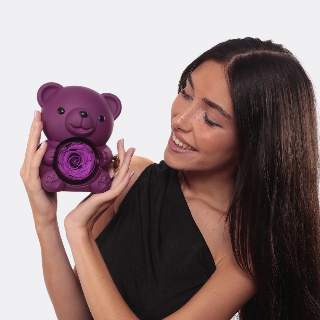 Teddy Bear Gift Set with Engraved Necklace & Eternal Rose