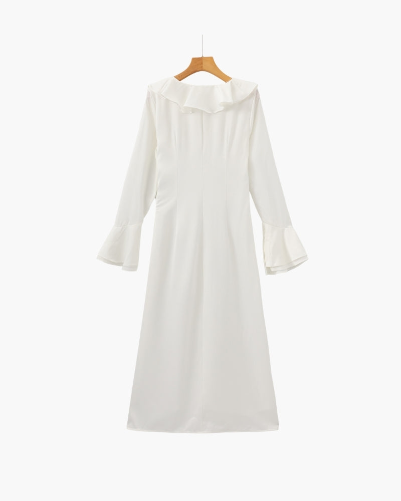 Pearl Button Ruffle Midi Dress - Old Money