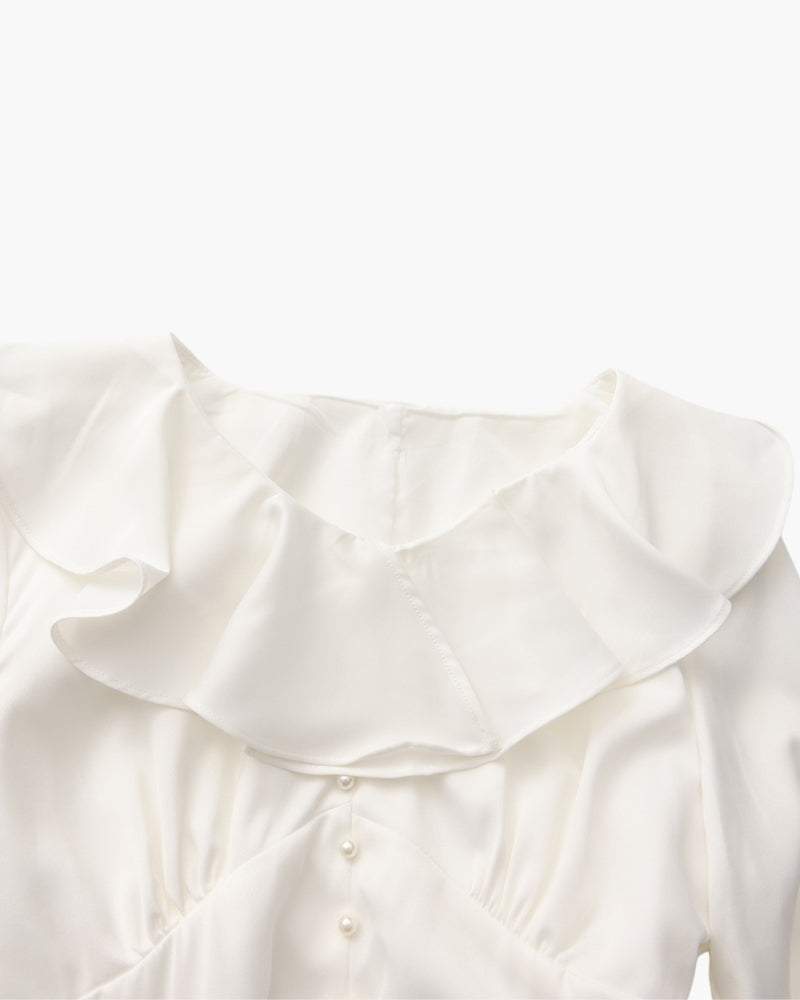 Pearl Button Ruffle Midi Dress - Old Money