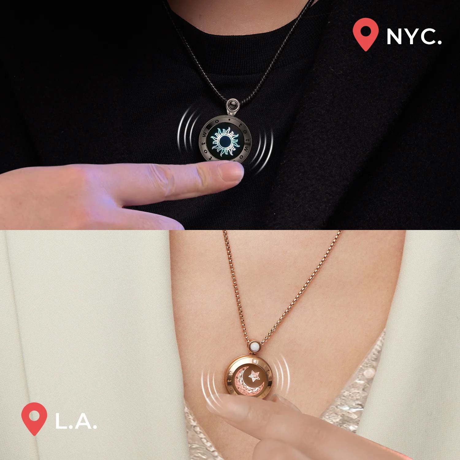 Sun & Moon Touch Necklaces with Agate (Black + Rose Gold)