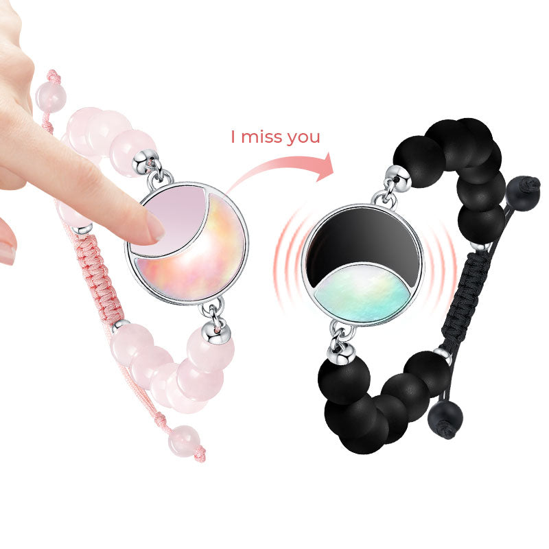 Lunar Glow Touch Bracelets with Rose Quartz and Black Onyx Beads