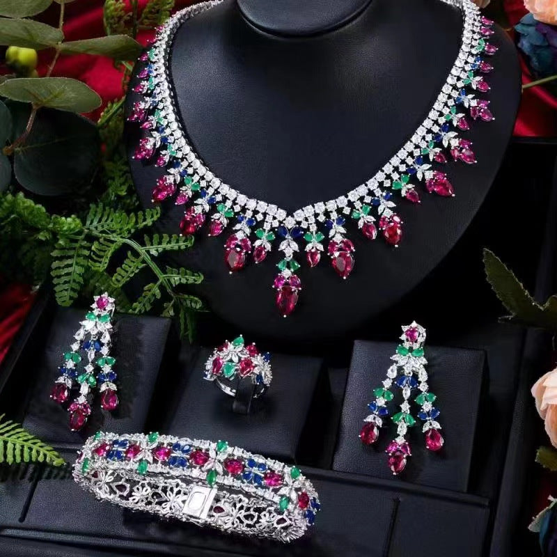 4 PcsTurquoise Luxury Necklace Earrings Bracelet Ring Set