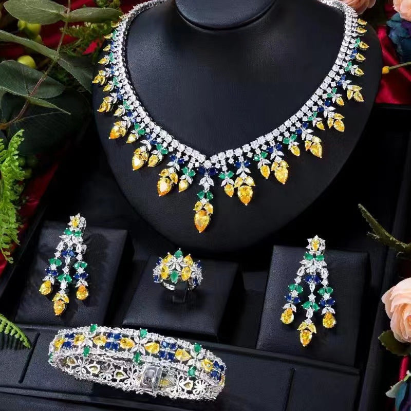 4 PcsTurquoise Luxury Necklace Earrings Bracelet Ring Set