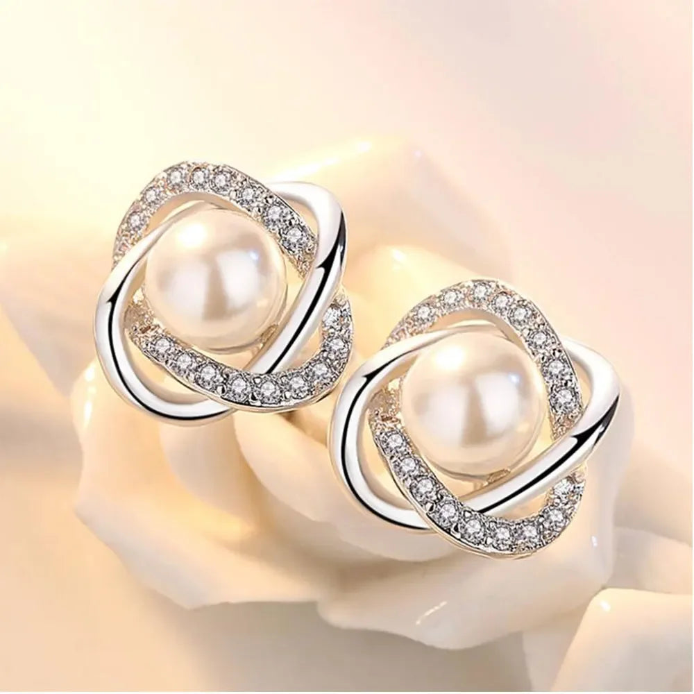 Valén Upscale 925 Sterling Silver Zircon & Pearl Twist Stud Earrings