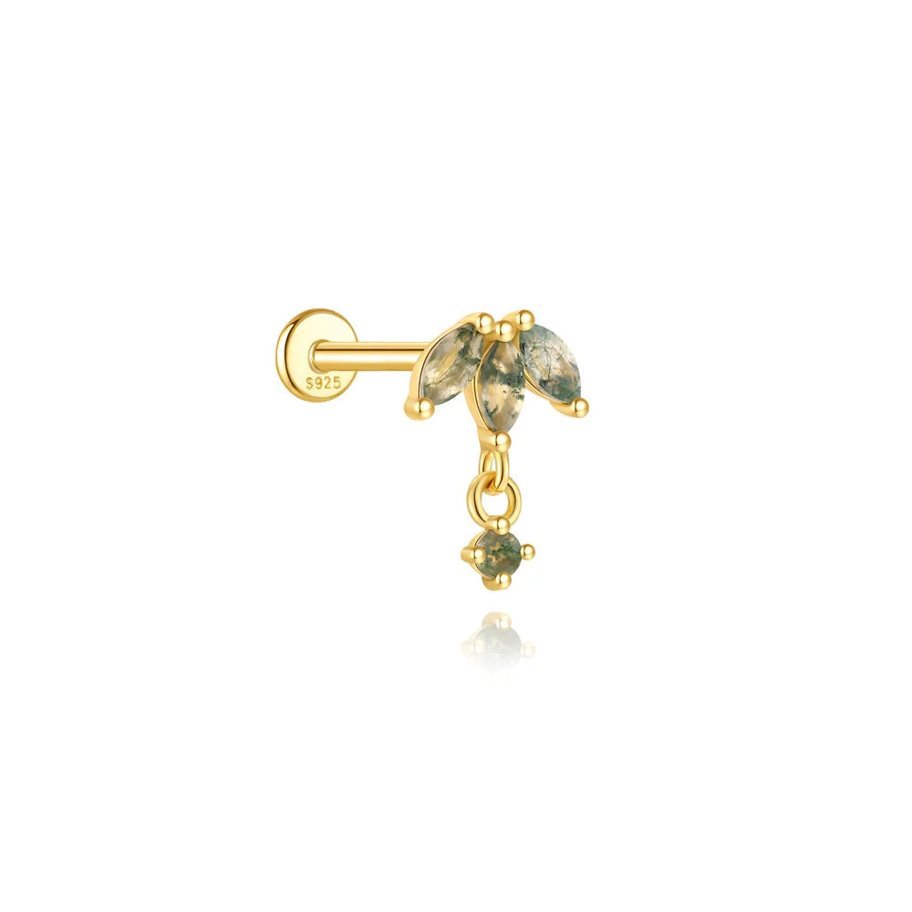 VALÉN 1PC Natural Moss Agate Threaded Ear Bone Nail Tassel Earring