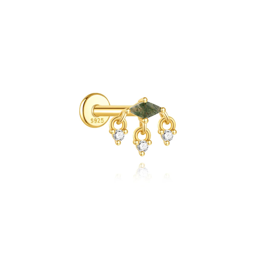 VALÉN 1PC Natural Moss Agate Threaded Ear Bone Nail Tassel Earring