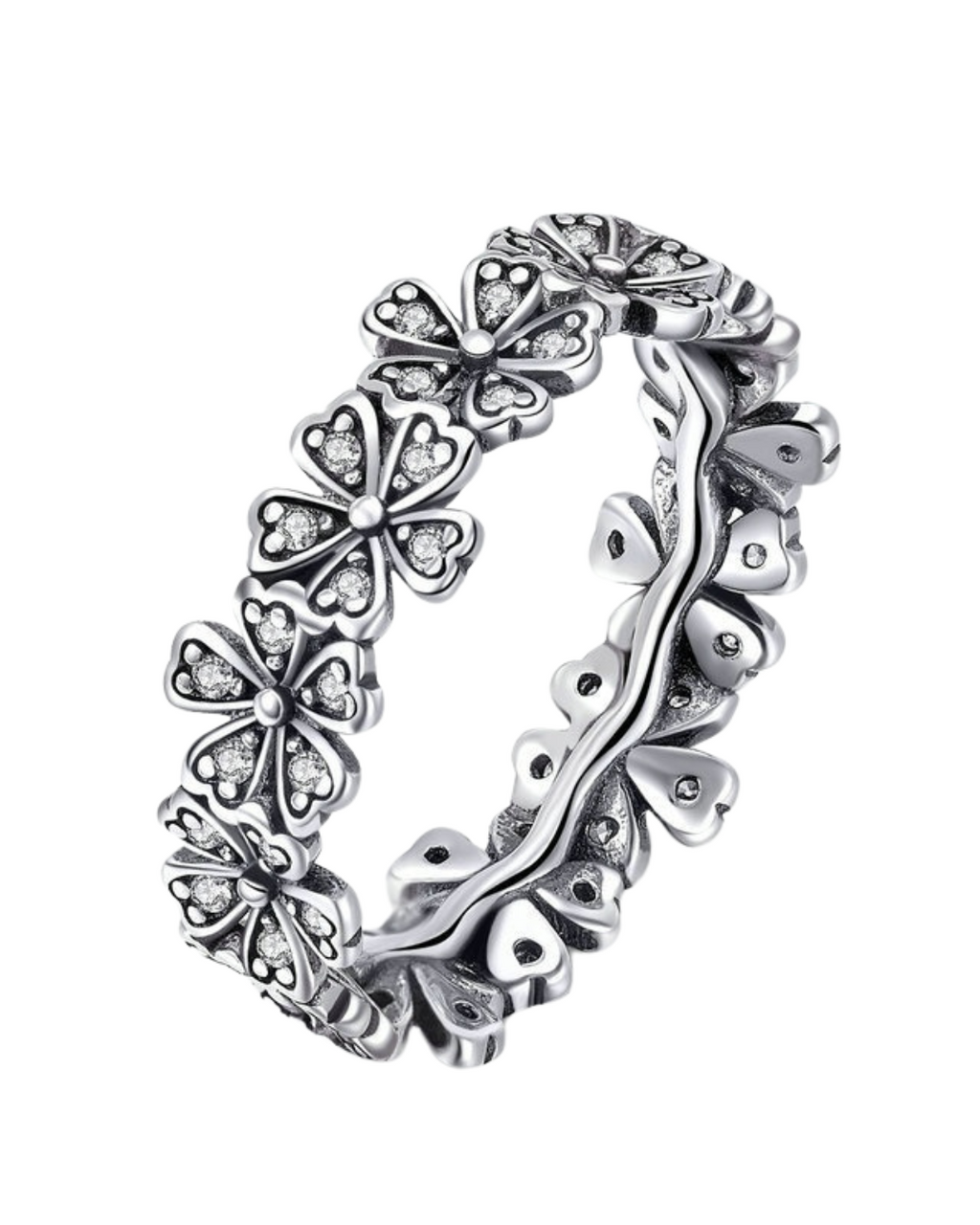 Daiséa Ring – Anel em Prata 925 com flores margaridas cravejadas e aro contínuo detalhado