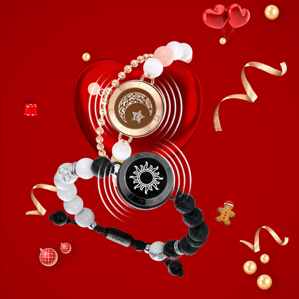 [Connected in Red Gift Packaging] Sun & Moon Touch Bracelets with Phantasmal Beads (Black+Rose Gold)