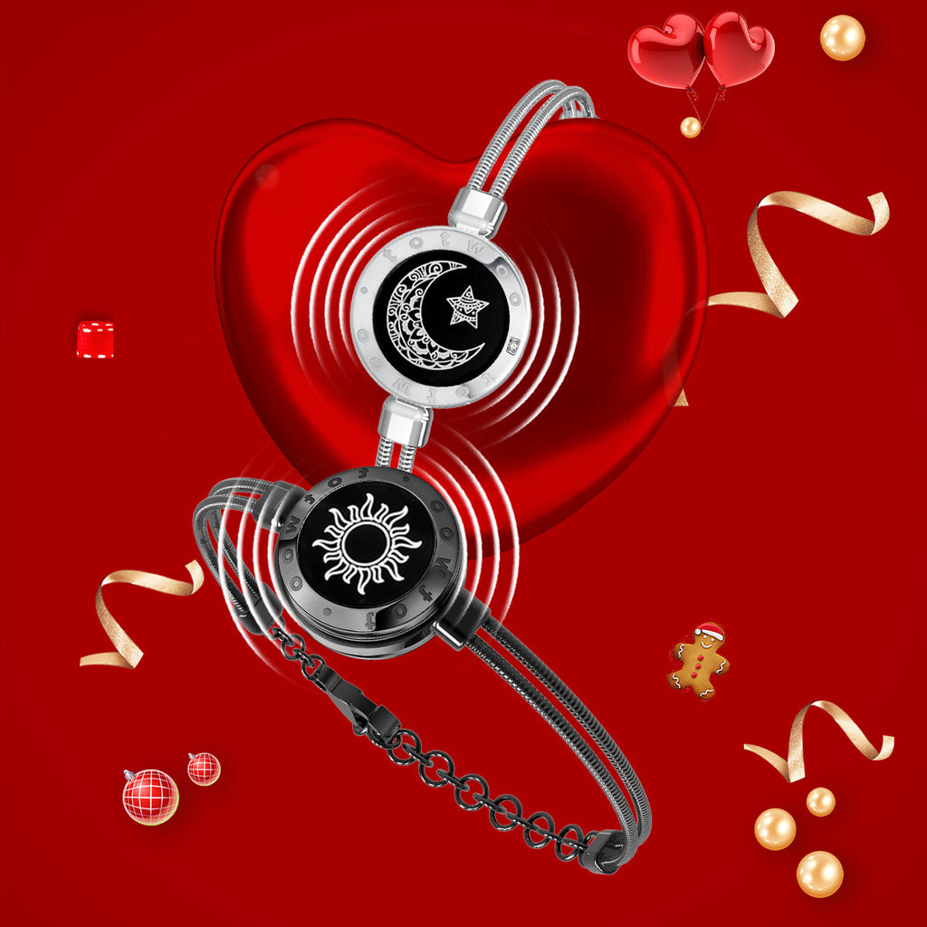 [Connected in Red Gift Packaging] Sun&Moon Touch Bracelets with Snake Chain (Black+Silver)
