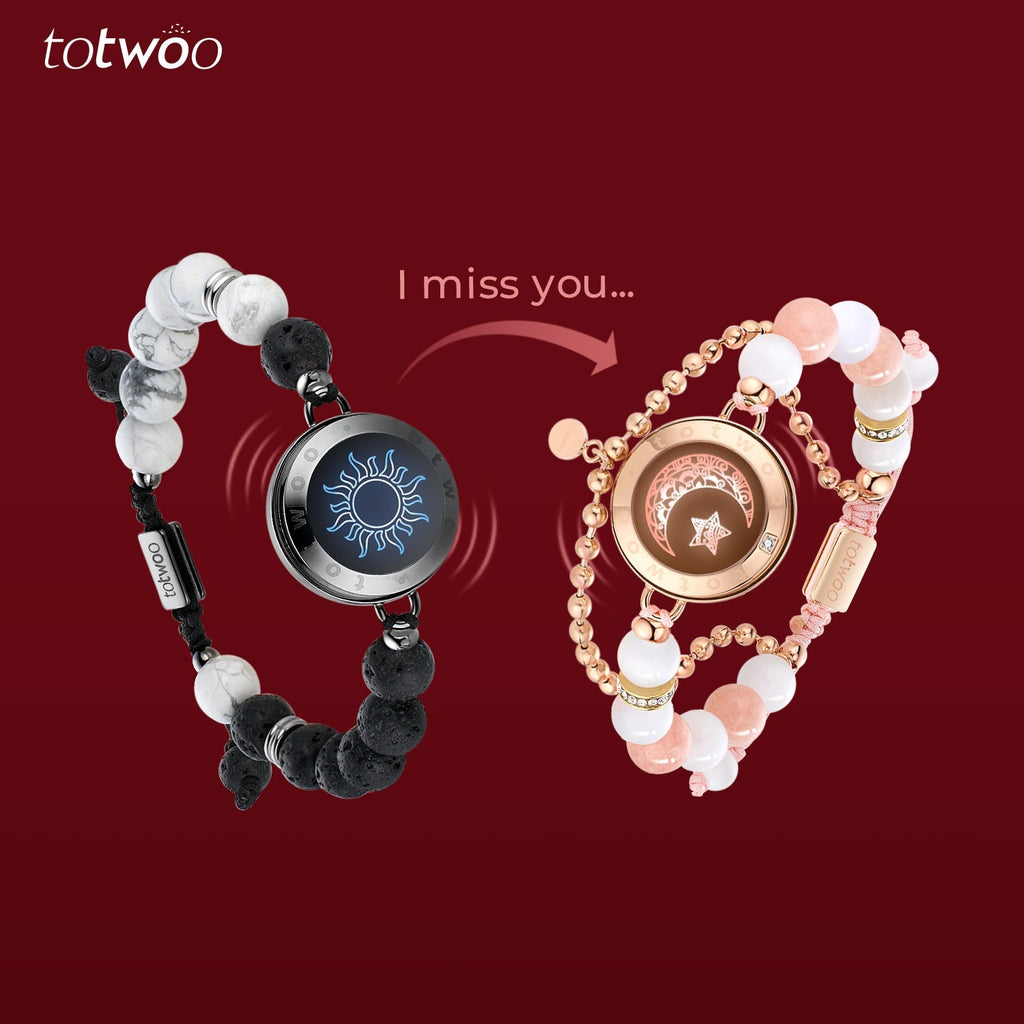[Connected in Red Gift Packaging] Sun & Moon Touch Bracelets with Phantasmal Beads (Black+Rose Gold)
