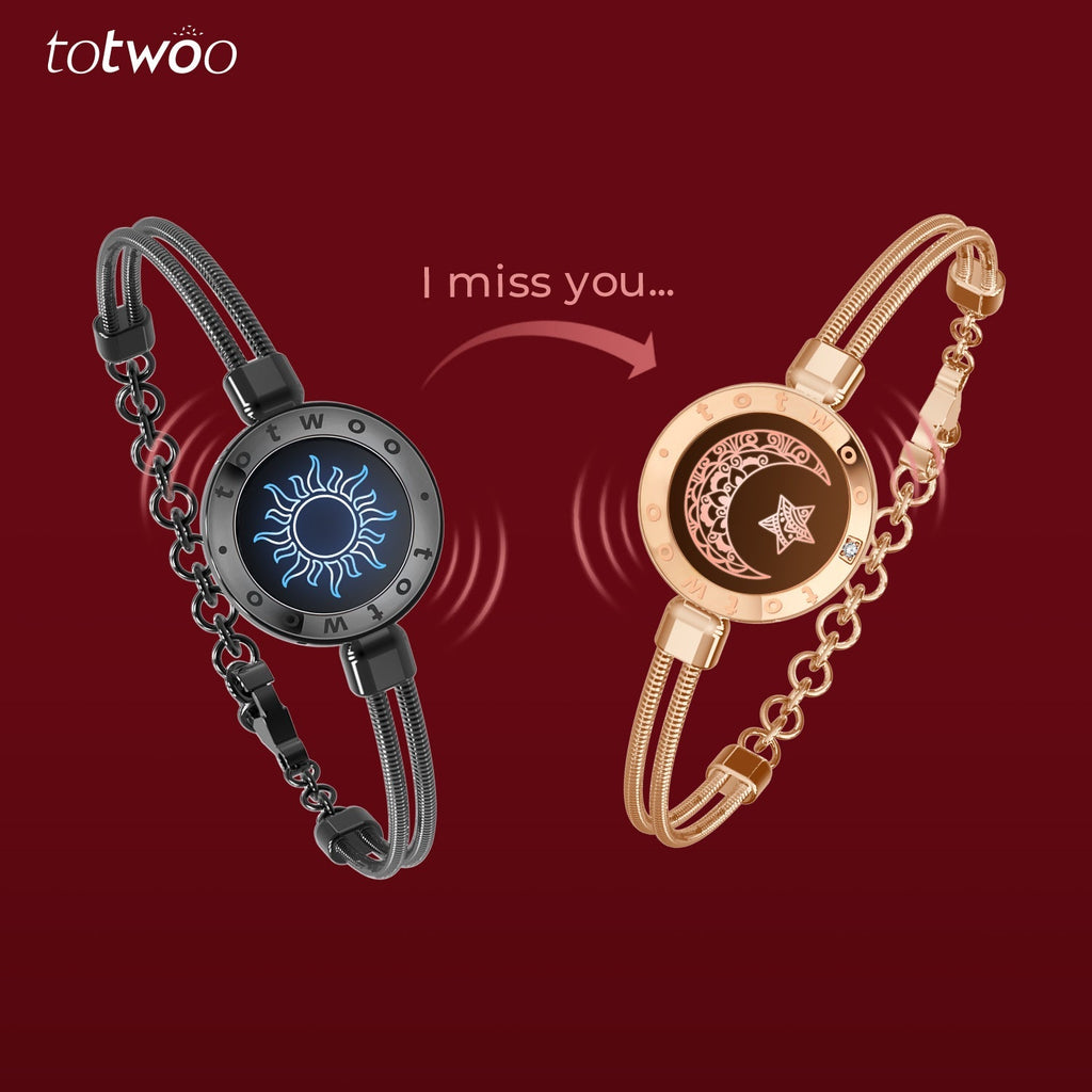 [Connected in Red Gift Packaging] Sun&Moon Touch Bracelets with Snake Chain (Black+Rose Gold)