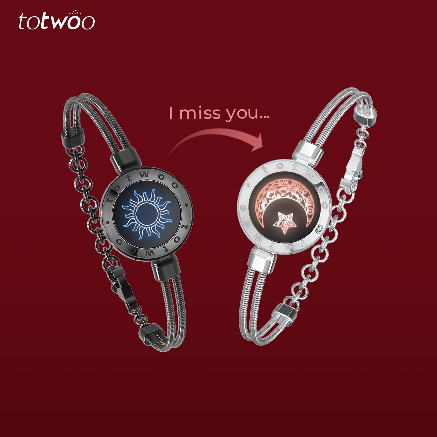 [Connected in Red Gift Packaging] Sun&Moon Touch Bracelets with Snake Chain (Black+Silver)