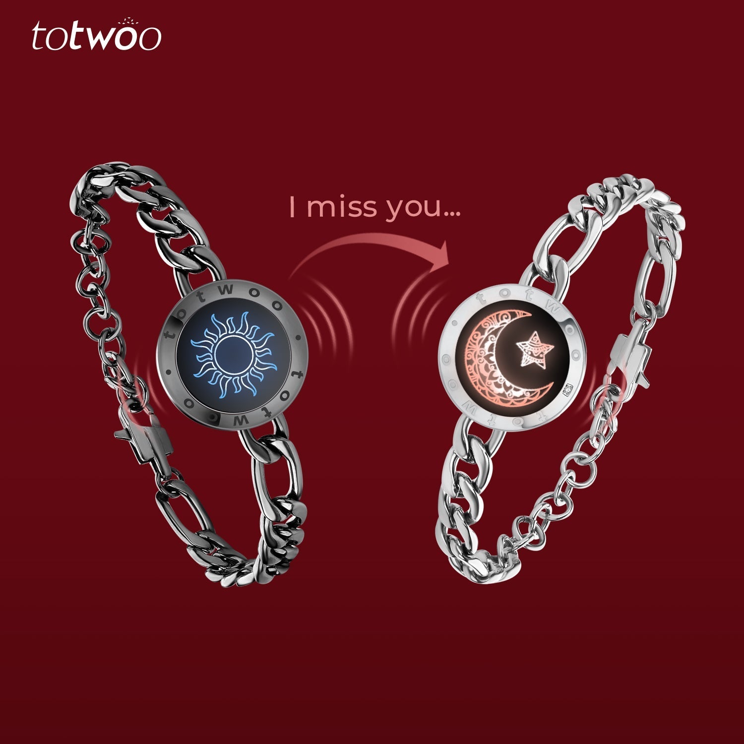 [Connected in Red Gift Packaging] Sun&Moon Touch Bracelets with Figaro Chain (Black+Silver)